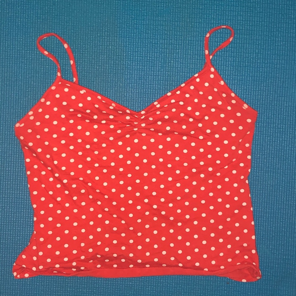 Orange-y red cinched polka dot tank top